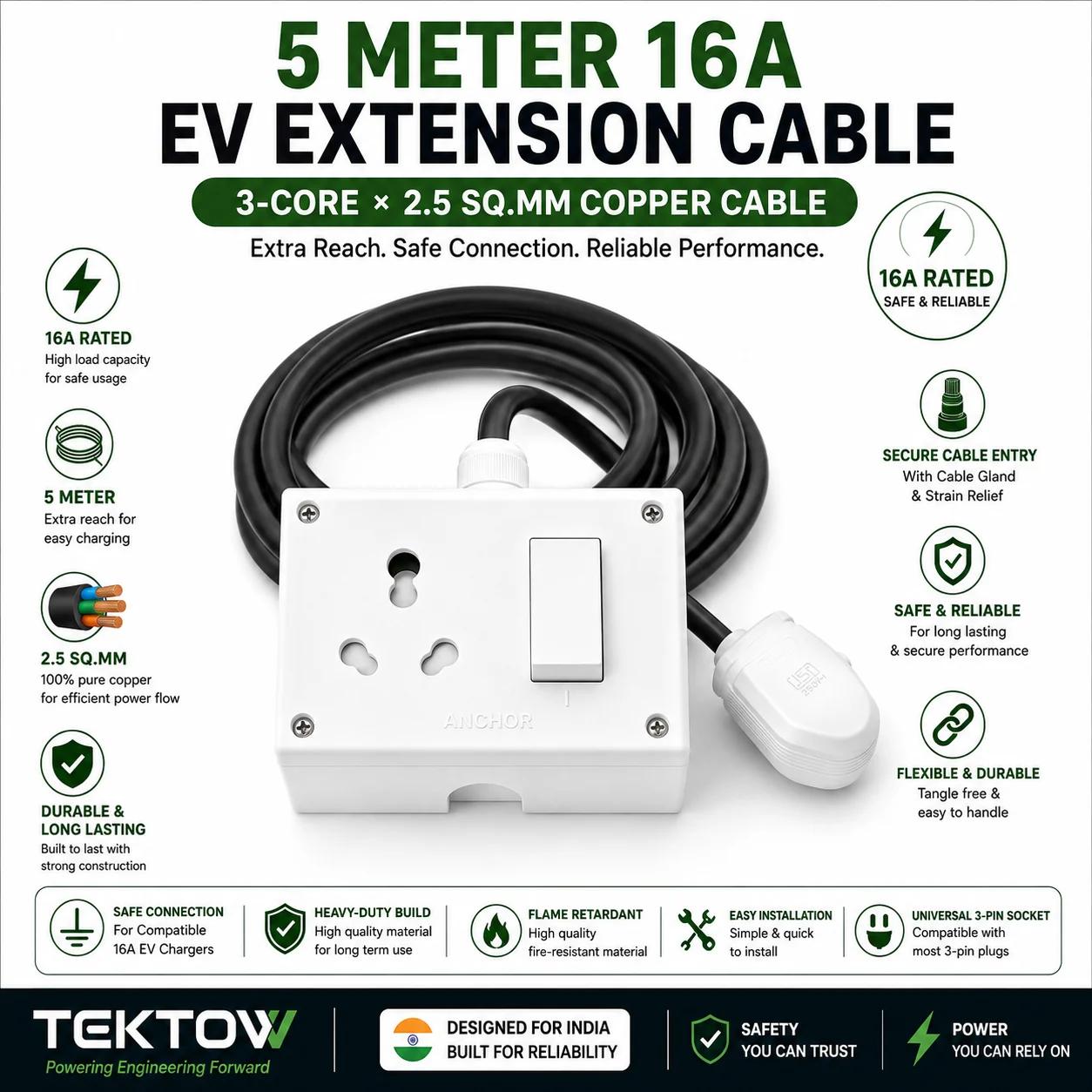 TEKTOW 5M EV Extension Cable, 16A, 3 Core 2.5 Sq.mm Copper, Safety Shutter Socket